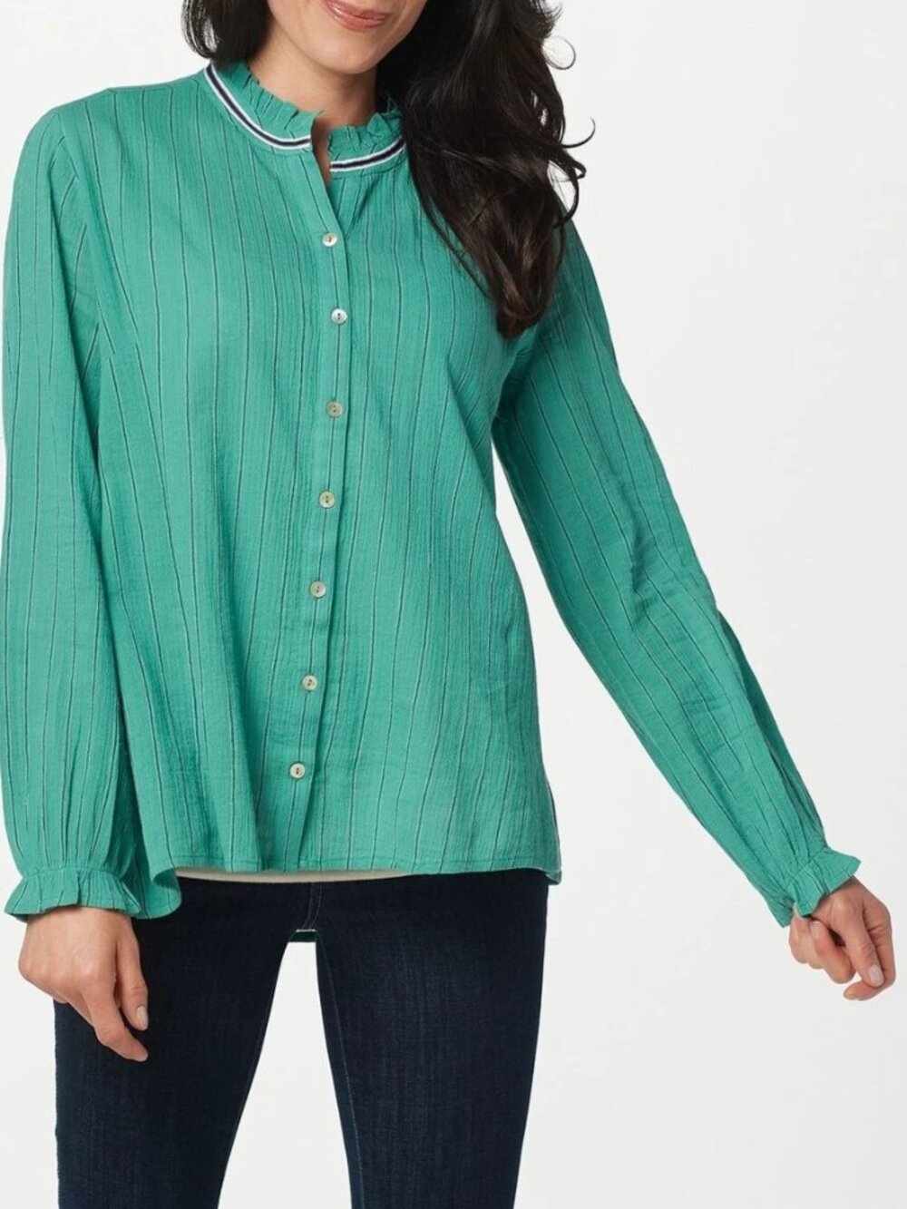 LOGO by Lori Goldstein Woven Gauzy Cotton Blouse w/Ruffle Collar Teal S A350599